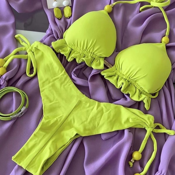 2023 Ny Sexig Triangel Baddräkt för Kvinnor Brasilianska Bikinis Halterneck Baddräkt Push Up Baddräkt Metallkedja Strand Bikini Set CS01 S