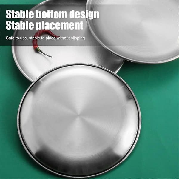 Pakke med 5 rustfrie stålplater, 20 cm runde rustfrie stål tallerkener, robuste rustfrie stålplater Silver