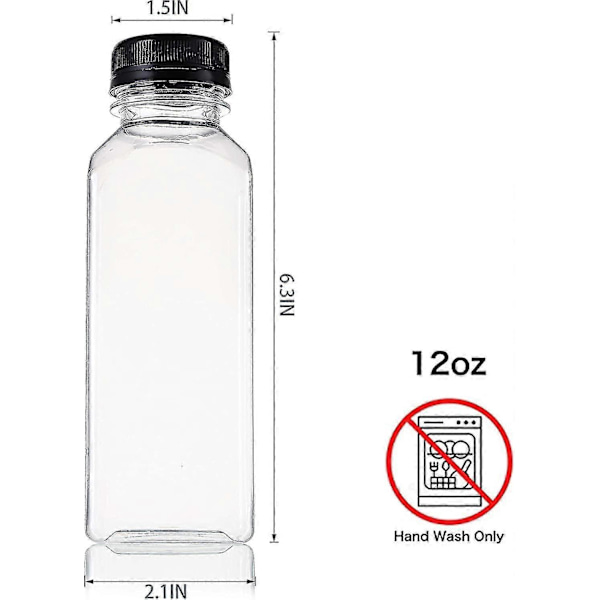 20-pack 12oz Plastflaskor för Juice med Svart Lock, Genomskinliga Återanvändbara Behållare med Lock, Perfekta Engångsflaskor för Juice, Mjölk, Salladsdressing