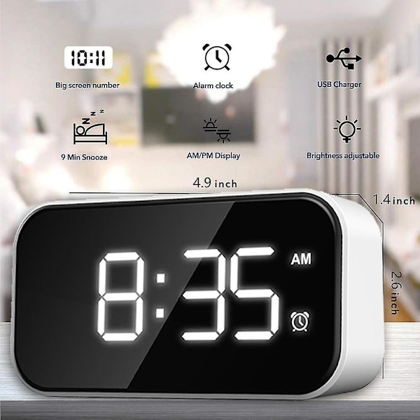 Digital väckarklocka för sovrum, sängbordsklocka med 6 ljusstyrkenivåer, snooze, (vitt utseende + vit text)