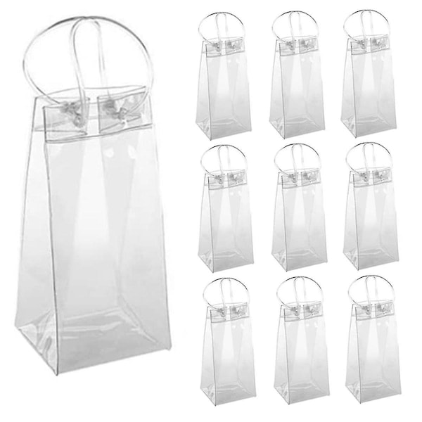 Pack of 10 Wine Cooler Bag Ice Bag Transparent PVC Portable Wine Bottle Cooler Bag Champagne Ice Bag with Handle