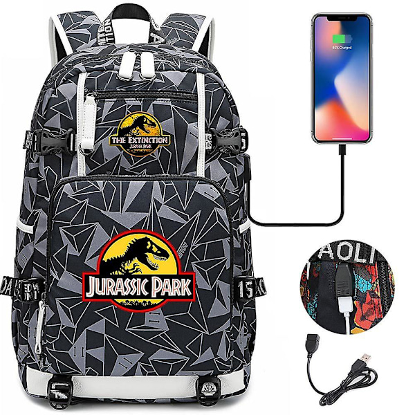 Jurassic Park Dinosaur USB-ladbare ryggsekk for gutter, jenter, barn - Stor kapasitet skolesekker for tenåringer - Vanntett bærbar PC-reisesekk 6