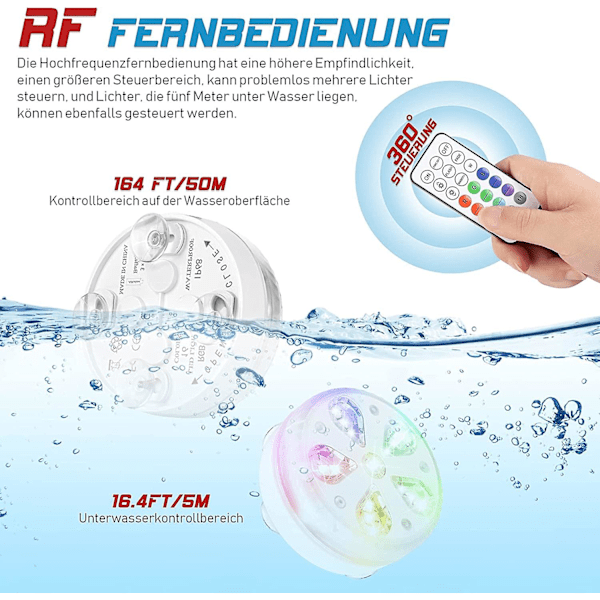 Vandafvisende LED-lys til nedsænkning i pool med RF-fjernbetjening, timer, 16 LED'er, sugekop og magnet til pool, akvarium, vase, fest (4)