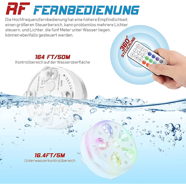 Vedenkestävä LED-upotettava uima-allasvalo RF-kaukosäätimellä, ajastimella, 16 LEDillä, imukupilla ja magneetti, uima-altaalle, akvaariolle, maljakolle, juhliin (4)