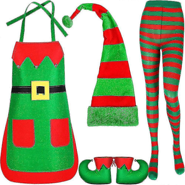 Julemandens Elf Kostume Unisex Voksen Mænd Kvinder Forklæde Outfit Sæt Julefest Stribet Julemandens Hjælpere Elves Cosplay Kit C