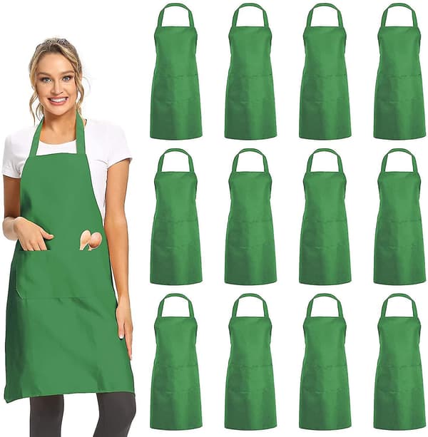 12-pack enfärgade förkläden med 2 fickor - Grön Unisex Köksförkläde Bulk för matlagningBY