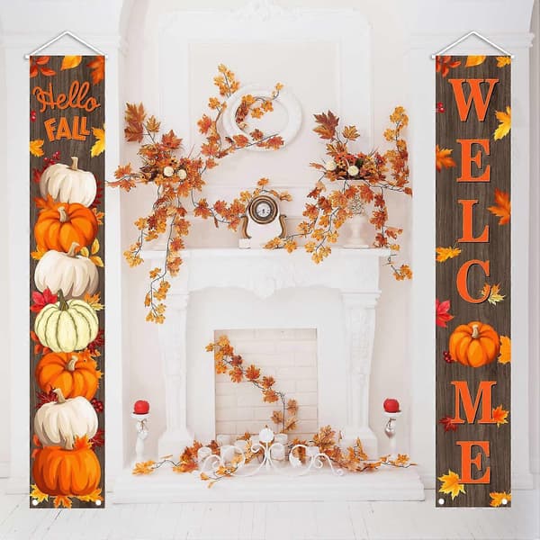 Gresskar Thanksgiving Veranda Banner Skilt, Hello Fall Gresskar Lønneblader Dør
