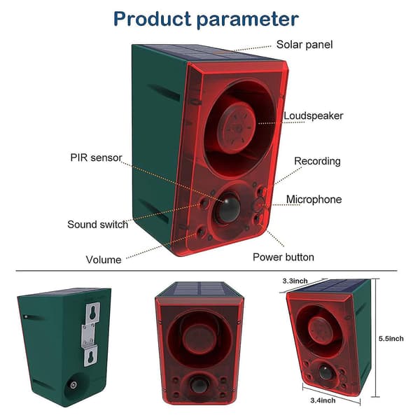 Utomhus Solcellsdriven Rörelsesensor Alarm med Fjärrkontroll, 130db Ljud ...BY