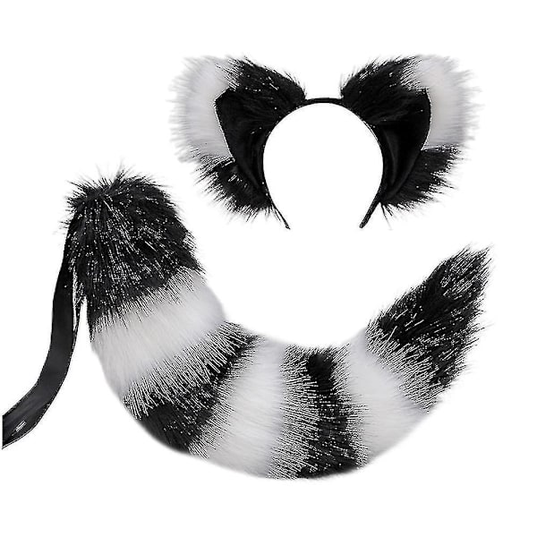 Rävsvans och -öron, katt-varg-tvättbjörnsöron-svansset, djurpäls svans, öron pannband, halloween juldräkt black White
