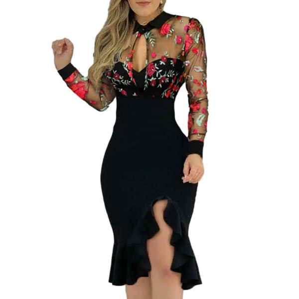 Kvinnor Elegant Festklänningar Blommigt Tryck Långärmad Bodycon Klänning Volangfåll Slit Design Red M