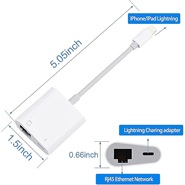 Lightning-Ethernet-sovitin, [yhteensopiva Apple Mfi-sertifioinnin kanssa] 2-in-1 RJ45 Ethernet LAN -verkkosovitin latausportilla, Plug and Play, tuki