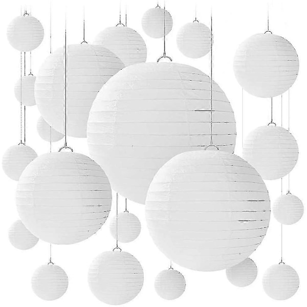 20 white round paper lanterns with wire ribbed in different sizes