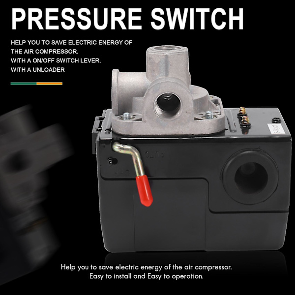 90-125psi 4-ports 26 Amp Trykfølerstyringsventil Luftkompressor Hårdt Brug Black