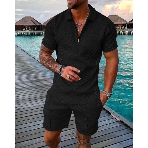 Herr Athletic T-shirt Set Casual Lapel Kortärmad Pullover Zip Up T-shirt Shorts 2-Piece Sets Herr Solid Sporty Suits Dark Gray S