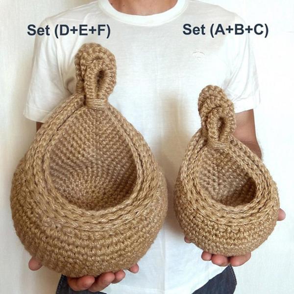 3-pack väggmonterade frukt- och grönsaks korgar, Jute hängande förvaringskorg, Handvävd förvaringskorg, För grönsaker, frukt, verktygBY A-B-C