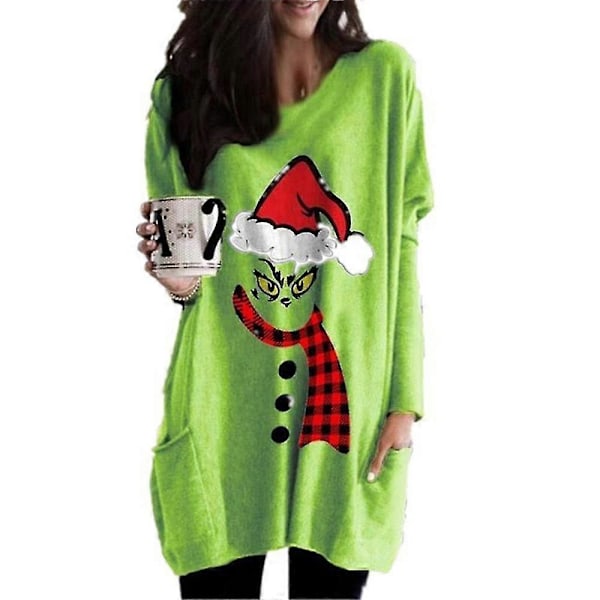 Julegenser for kvinner med Grinch-trykk, avslappet og romslig, julefestgenser, lang t-skjorte, bluse, topper med lommer B 3XL