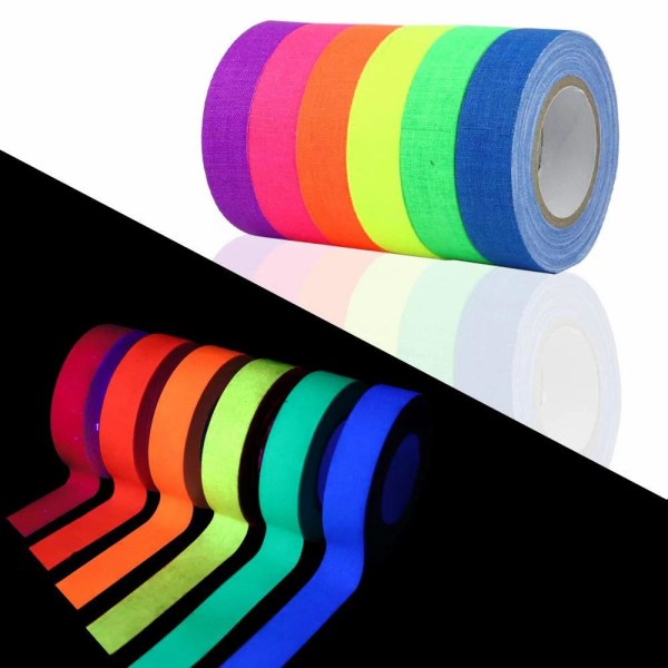 6-Pack - UV Neon Självlysande Tejp Glow in the Dark - 1,5cm x 5m multicolor