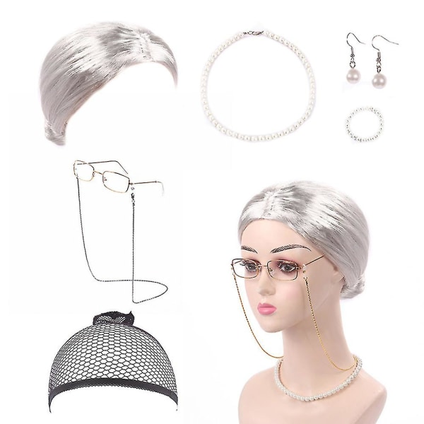 7 deler/sett Gammel Dame Klessett Granny Kostyme Parykk Voksen Barn Halloween Maskerade Cosplay Fest Hexe Dekorasjon Arrangement [DmS] Silver Bun