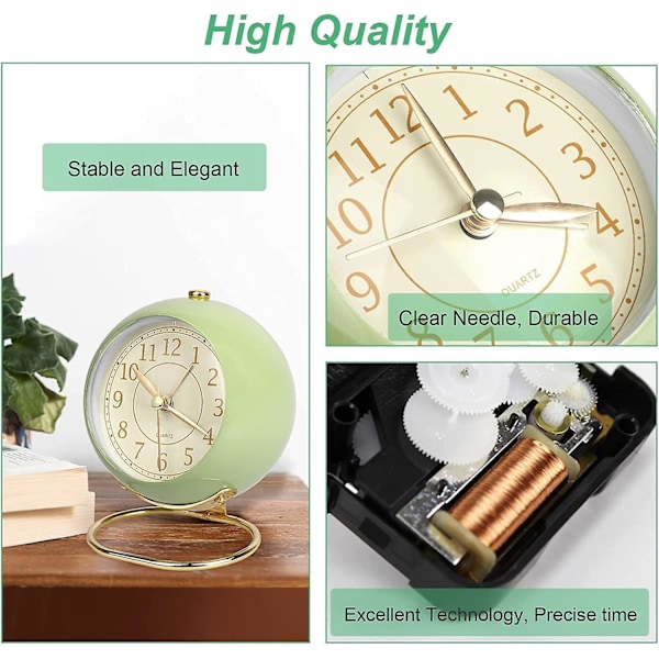 SCSYV Liten väckarklocka, klassisk retro analog söt enkel design liten skrivbordsklocka med tyst batteridriven tyst bakgrundsbelysning för barn/sovrum/ Green