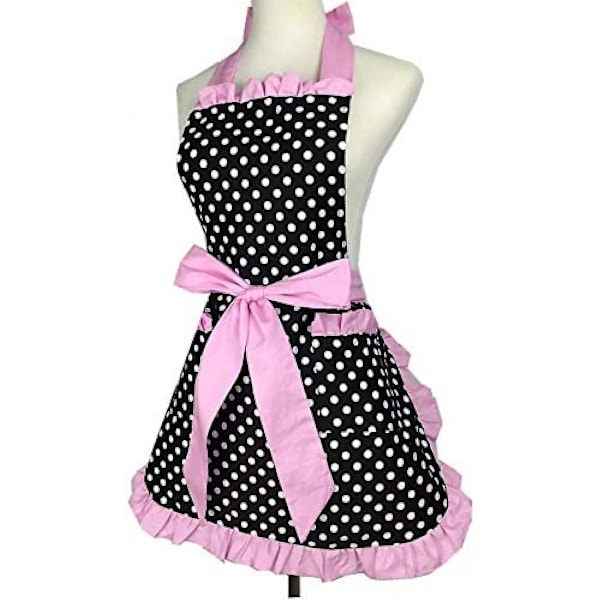 Kjøkkenforkle Søtt forkle Retro Svart Polka Dot Retro Ruffle Edge Retro Kokeforkle Med Lommer, Dame- Og Jentestil (rosa)