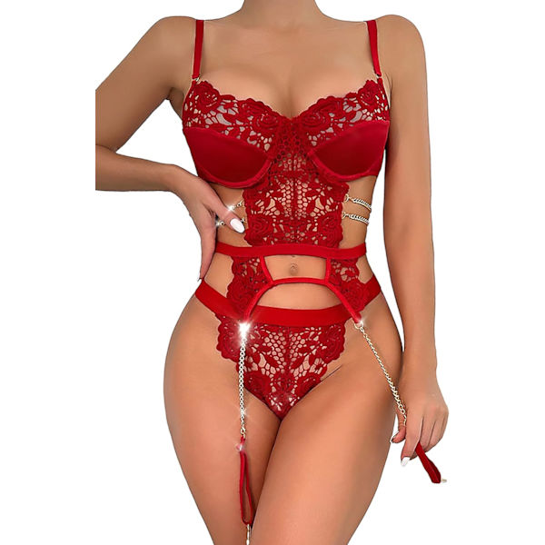 osy Kvinnors Sexiga Remmar Push Up Strumpeband Lingerie Set Blommig Spets Genomskinlig 3-delad Guipure Kedja R Small