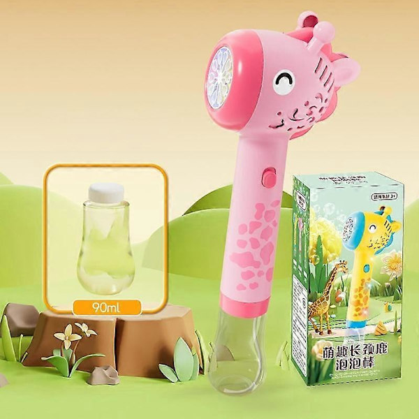 Dyrebobleblæserstav med løsning Giraf Boblemaskine Maker med lys 10 hul lys op automatisk boblemaskine Pink
