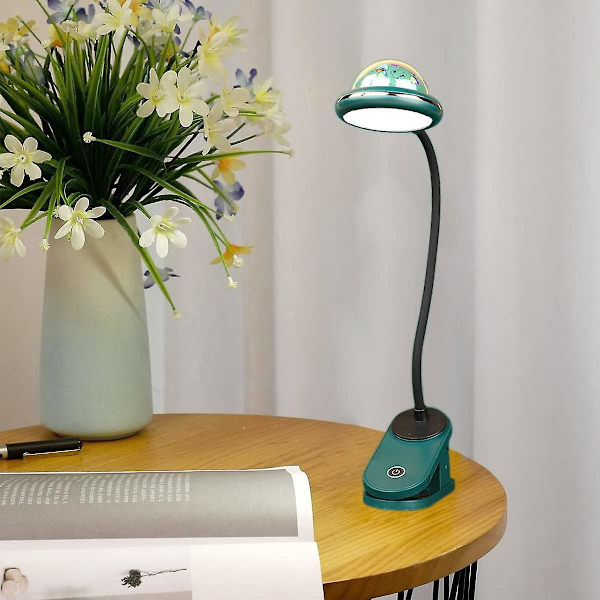 Kliplampe til børn, USB genopladelig LED klip-læselampe med stjerneprojektion, svanehals natlampe (grøn)  (FMY)