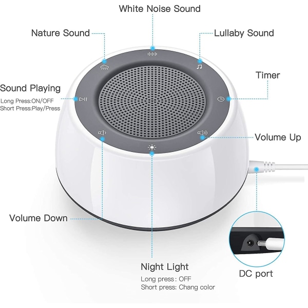 White Noise-maskin för sovande baby , vuxna barn, ljudmaskin med nattljus,  16 lugnande ljud för att sova, plugg in, ljuddämpare för sovrum H 0812 |  Fyndiq