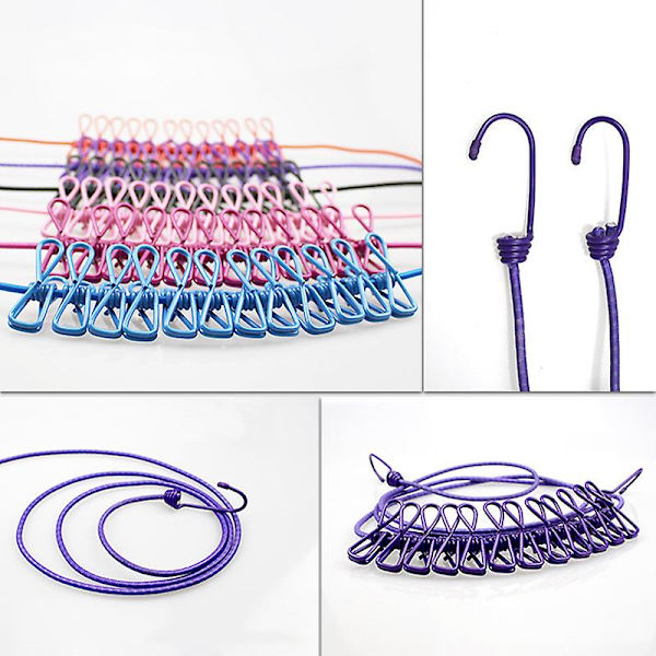 Kannettava vaatetanko, säädettävä joustava ja kääntyvä vaatetanko 12 klipsillä ulko- ja sisäkäyttöön Purple