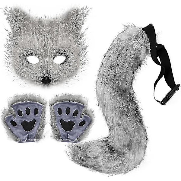 Konstgjord Pälsräv Svans Katt Varulv Cosplay Kostym Set Plysch Mask Fluffiga Tassar Handskar Halloween Jul - JA Dark Gray