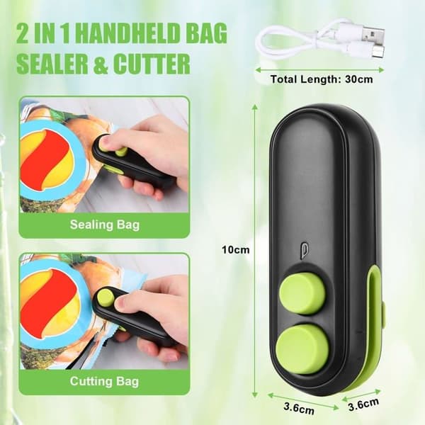 Mini plastposeforsegler, 2-i-1 bærbar termisk forsegler med posekutter, ideell for forsegling av potetgullposer.
