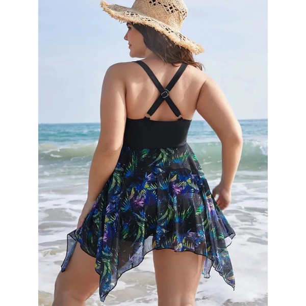 Womens Plus Size One Piece Swimsuit Tummy Control Swimdress Skirtini Cover Up Swimwear Bathing Suits Printed Elegant Beach Wear Black XXXL