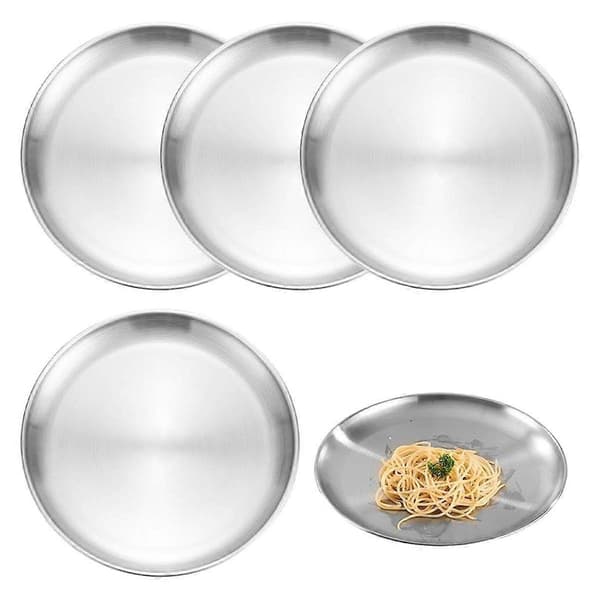 Pakke med 5 rustfrie stålplater, 20 cm runde rustfrie stål tallerkener, robuste rustfrie stålplater Silver
