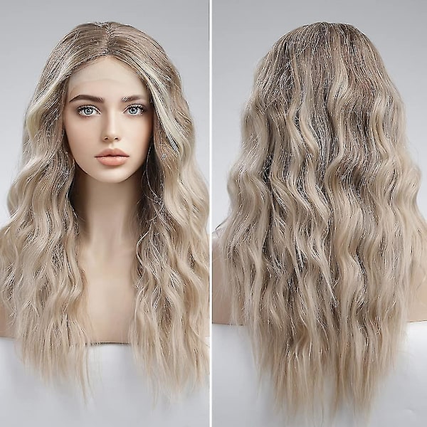 Lång Ombre Blond Lace Front Peruk för Kvinnor Naturligt Vågig Daglig Hårsyntetisk Lace Peruk (FMY)