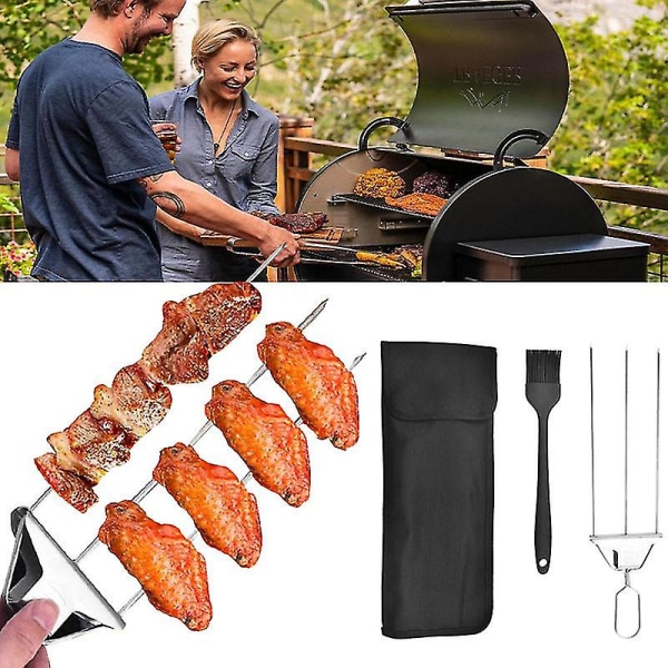 Nye 3-vejs Grillspyd Rejespyd Til Grillning Rustfrit Stål Grillpinde Med Trykstang 3-takkede Spid Bbq Pinde Kebab 1 fork and  bag