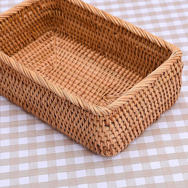 Håndlavet rektangulær vævning rattan flettet kurv frugtbakke brød håndstrikket etui enkel bærbar picnic opbevaringsboks hjem køkkenartikler dekoration A2