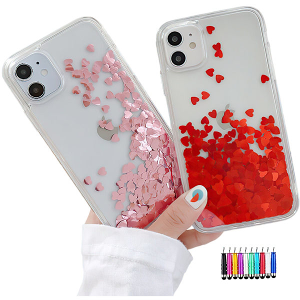 iPhone 12 - Flytande Glitter 3D Bling Skal Case Röd