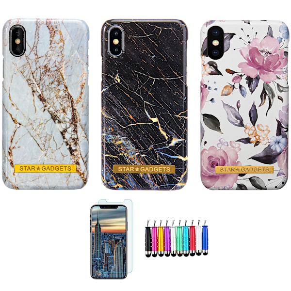 iPhone X/Xs - Skal / Skydd / Blommor / Marmor Svart