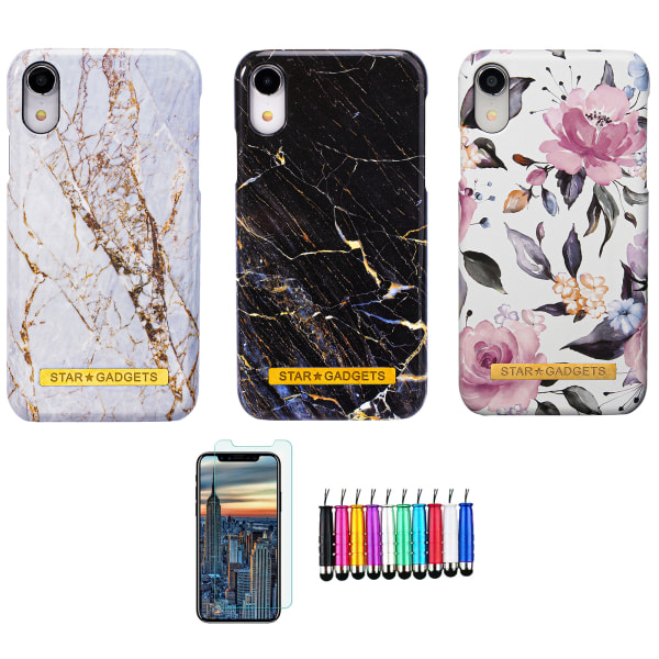 iPhone XR - Etui Beskyttelse Blomster / Marmor Svart