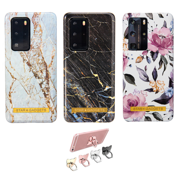 Huawei P40 Pro - Cover Protection Flowers / Marmor Svart