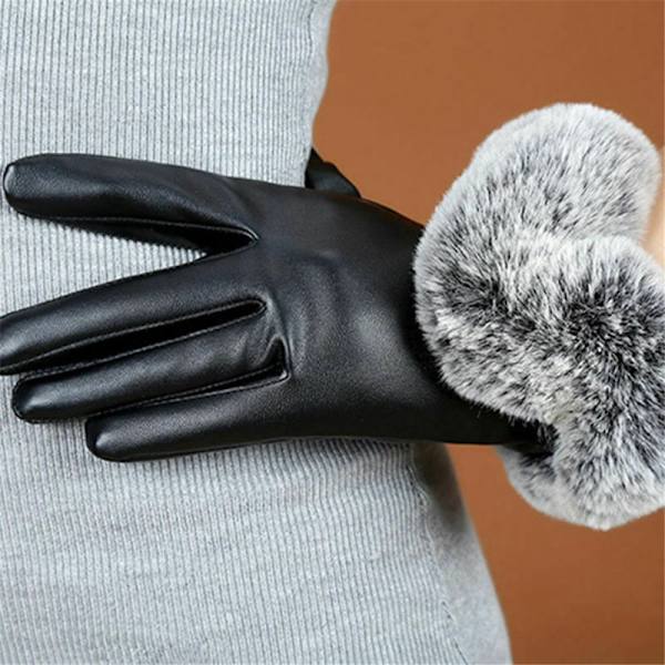 Winter PU Leather Full Finger Touch Screen Warm Gloves Svart