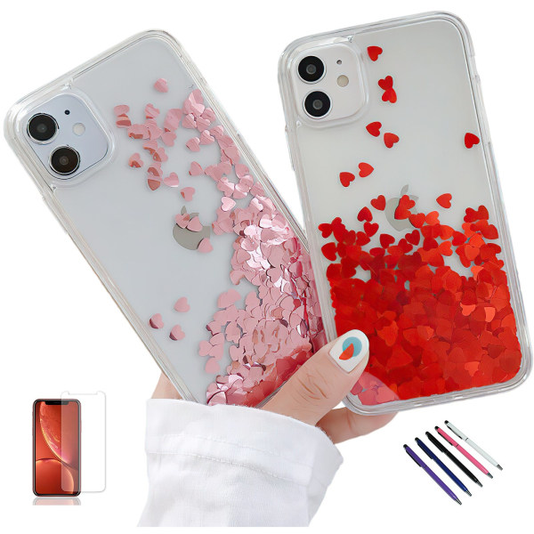 iPhone 12 - Flytande Glitter 3D Bling Skal Case Röd