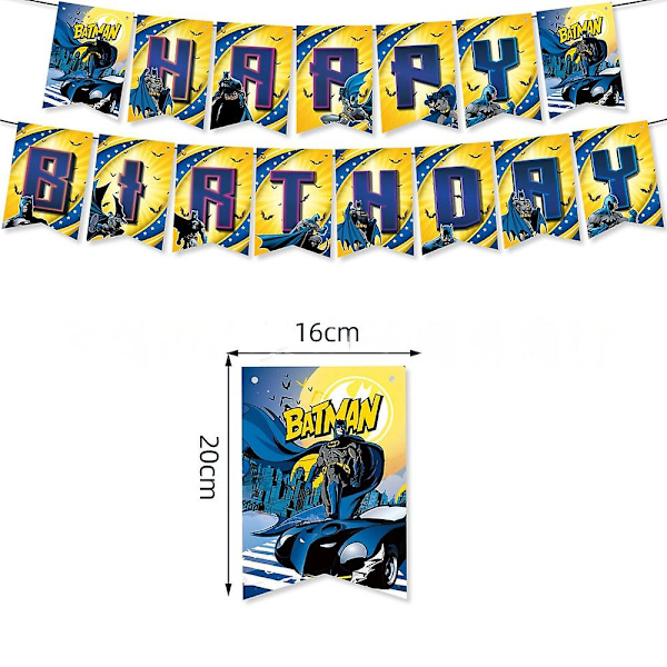 Batman-teemainen syntymäpäiväjuhlan koristelu, supersankarijuhlatarvikesarja, johon sisältyy onnittelukortti, kakku-/kuppikakkukoristeet, ilmapallot, riippuvat pyörteet