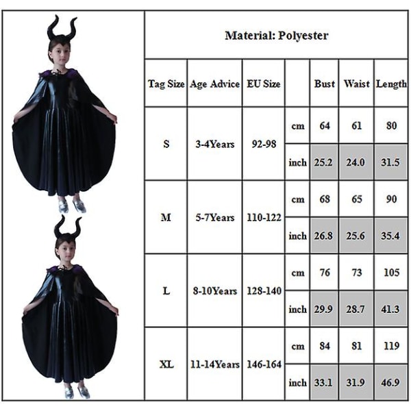 Flicka Maleficent Häxa Kostym Fyndklänning med hattar Huvudbonadsset 8-10 Years