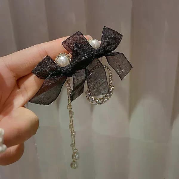 Koreanske elegante rhinestone sløjfe dråbeøreringe til kvinder piger mode lange kvast perle pendientes bryllupper fest smykker 1