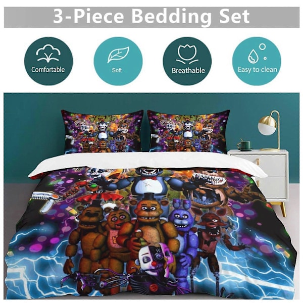 x194 Five Nights At Freddy'S Dynetrekk Mikrofiber Sengetøy Sett 3D Trykt Lettvekt 3-delt Dynesett, 1 Dynetrekk Og 2 Putetrekk 200x200cm 78x78in
