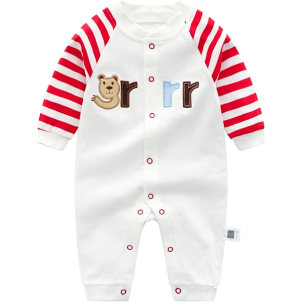 Baby Bomull Romper Jumpsuit Gutt Jente Lang Ermet Antrekk Spedbarn Tegneserie Trykk Romper (Hvit + Rød, 73) 66 White+Red