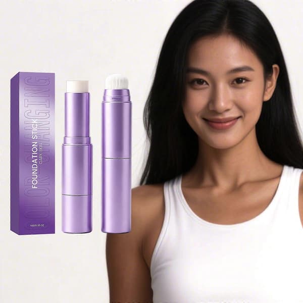 2-in-one color-changing foundation stick, buildable coverage skin tone adjusting foundation with built-in blending brush white