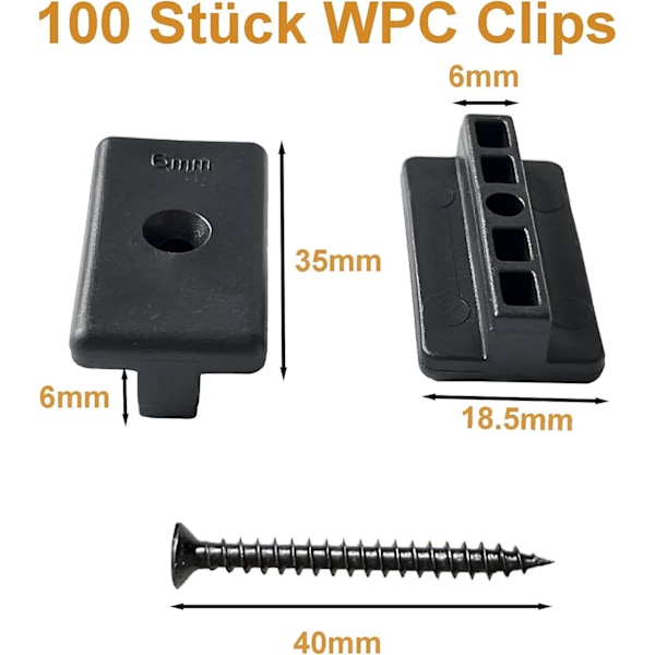 100 stk WPC-klips, 6mm plastdekkeklips for WPC/BPC-lameller, skjult festing med T-klips + skruer (svart)