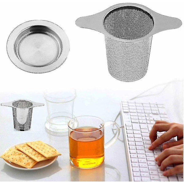 Te-filter tesil med 2 håndtag og låg / drypbakke lavet af 304 rustfrit stål, passer til de fleste tekopper